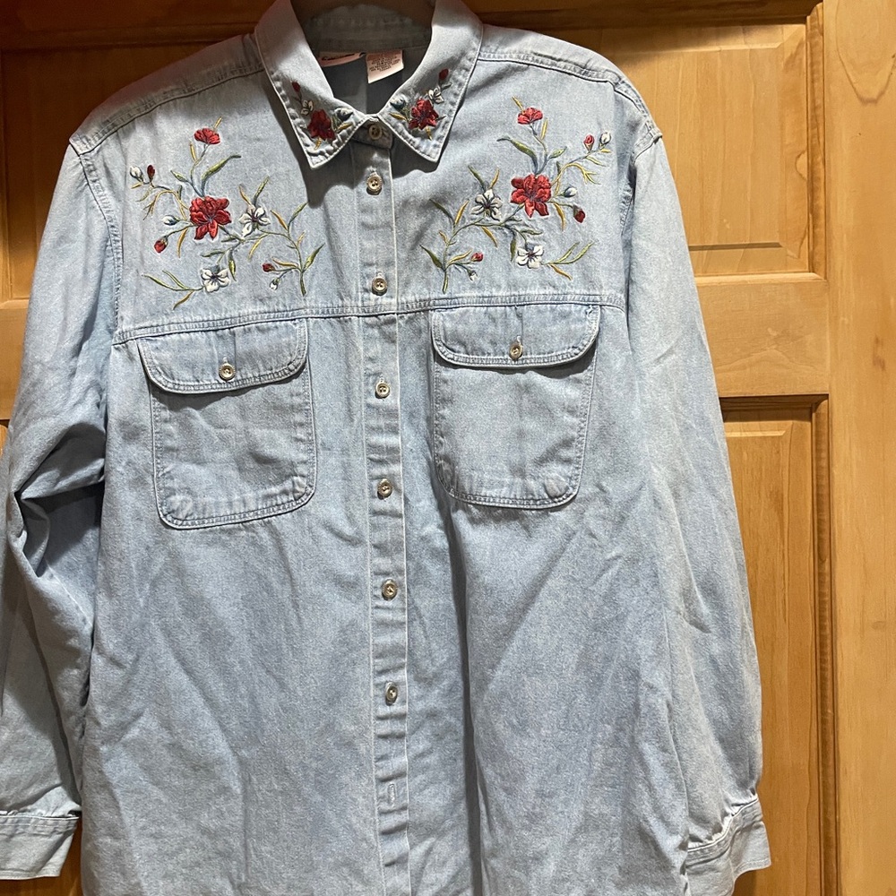 Embroidered Denim Shirt with Floral Design